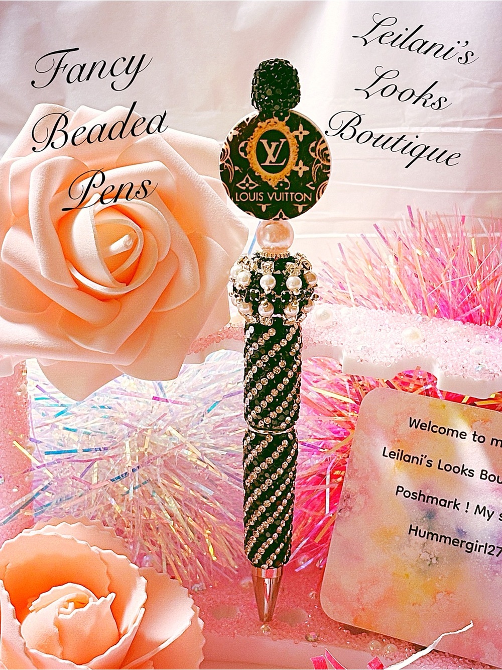 Fancy beaded Pen/gifts/floral circle/black beads/girly